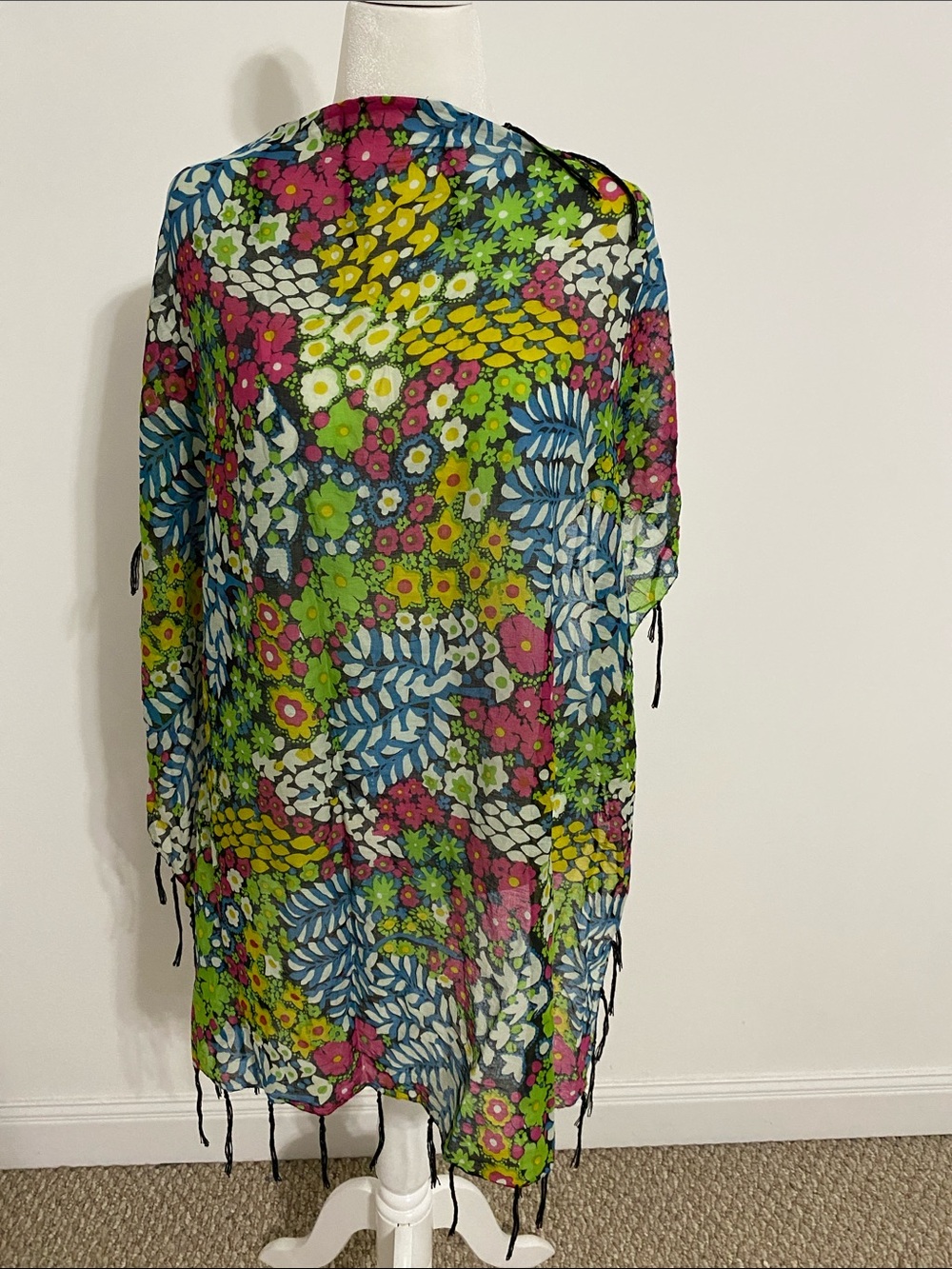 Large 36 Inch Square Cotton Floral Scarf with Fringe - Picture 2 of 6